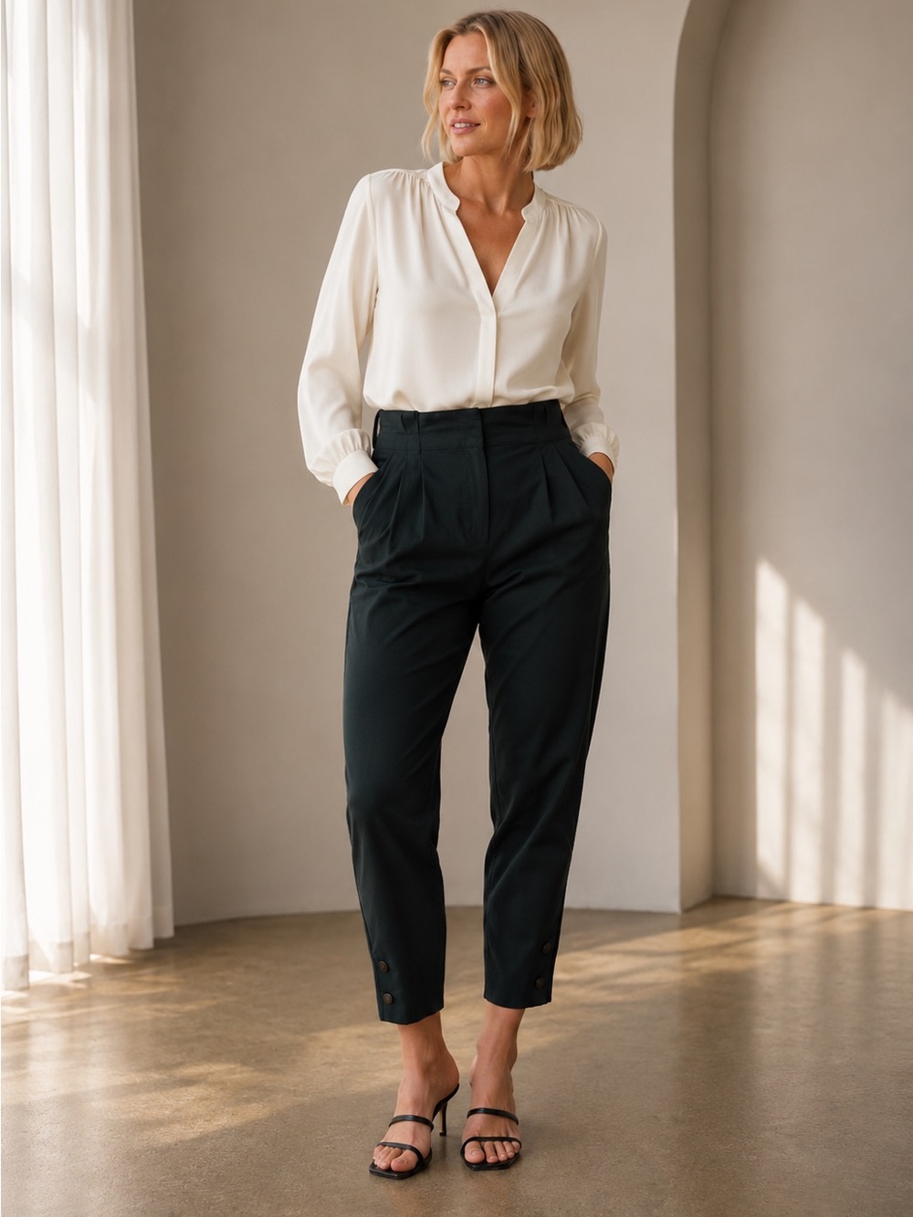 Massimo DUTTI Forest Green Carrot Fit Pleated Trousers Size 10